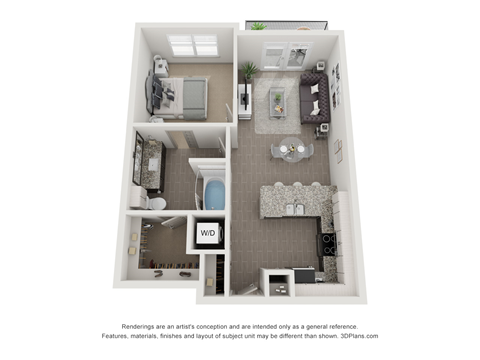 Floor plan for 1 bed, 1 bath, 675 sqft